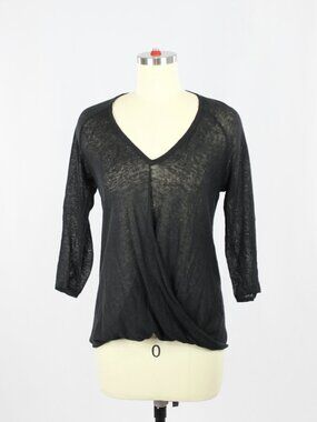 BROCHU WALKER Black Slub Linen Jersey 3/4 Sleeve Draped Front T-Shirt, Size P